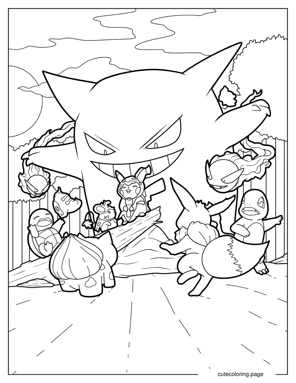 Giant Gengar With Charmander Eevee Bulbasaur Squirtle And Pikachu Coloring Sheet coloring page