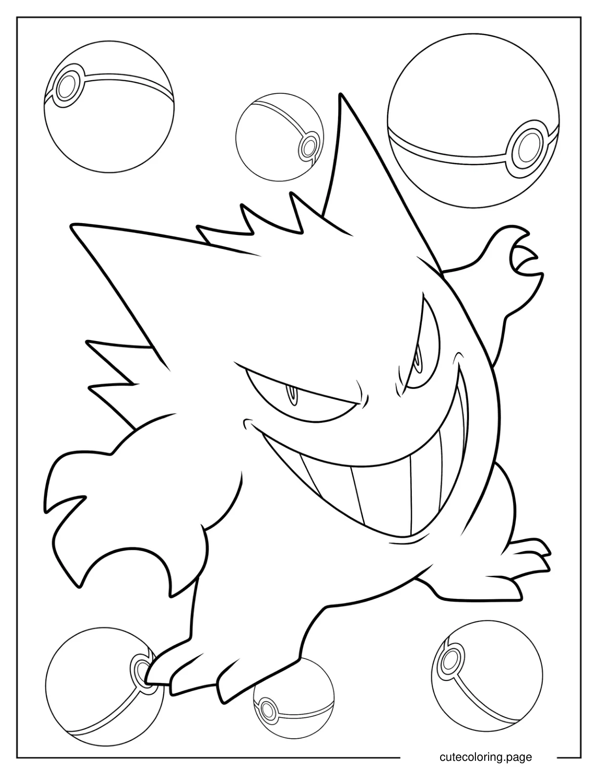 Grinnning Gengar With Pokeballs Coloring Sheet coloring page