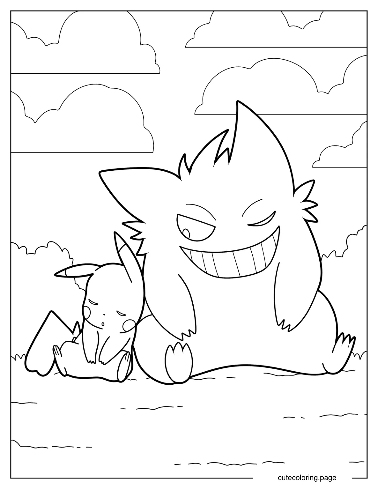 Pikachu Sleeping Beside Gengar Coloring Page coloring page