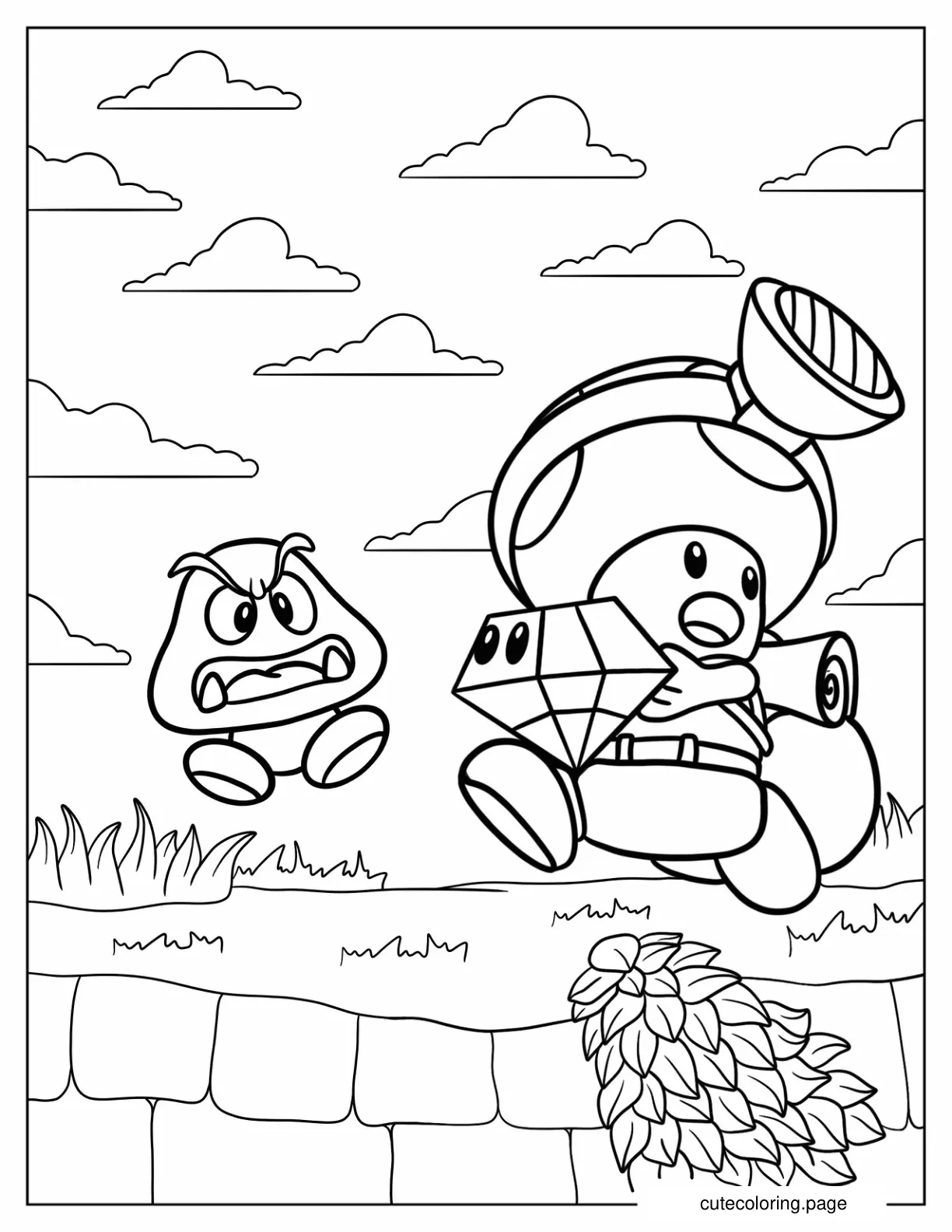 Goomba Chasing Toad With Diamond Coloring Page coloring page