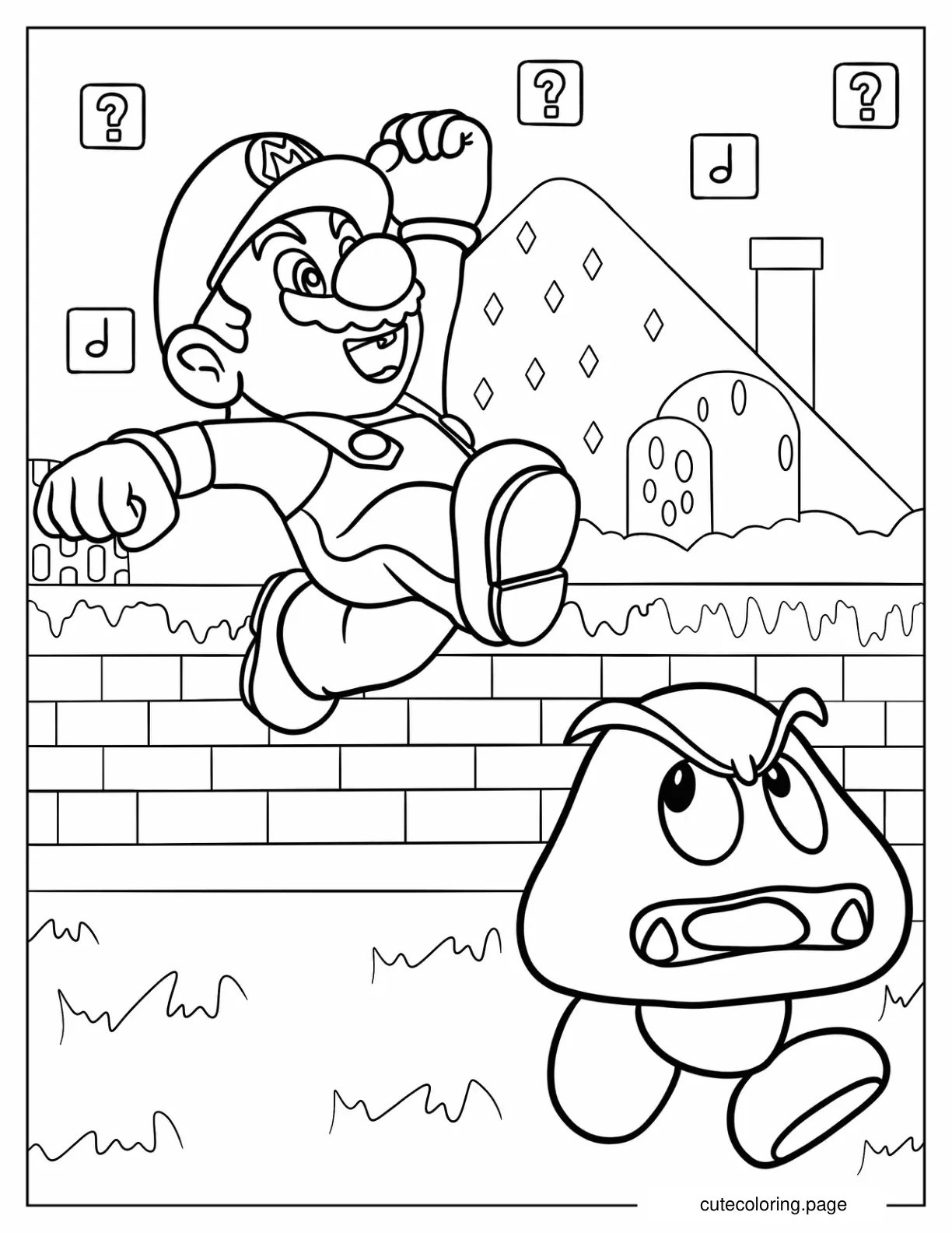 Mario Jumping Over Goomba coloring page