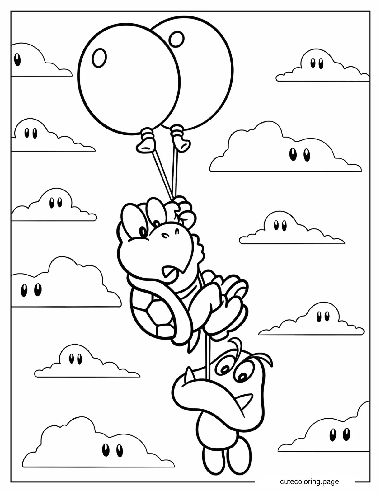 Yoshi And Goomba Clinging To Balloons Coloring Page coloring page