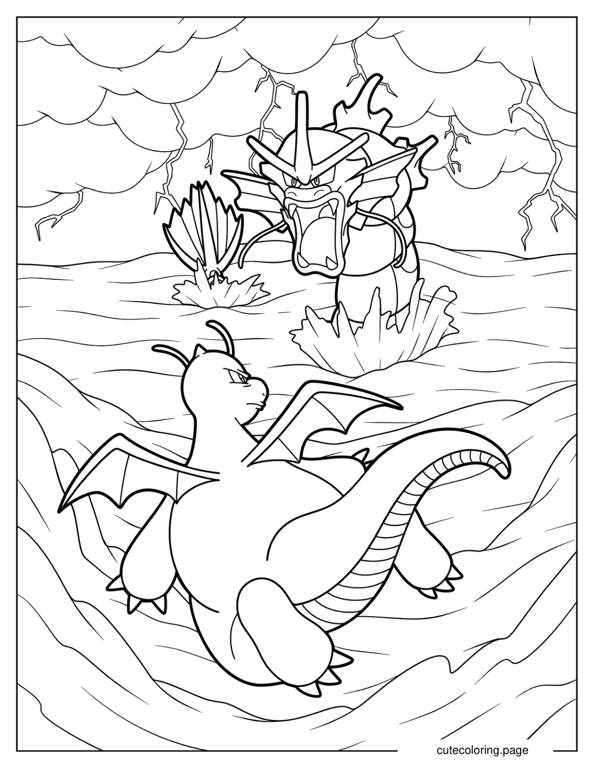 Dragonite Fighting Gyarados At Sea Coloring Page coloring page