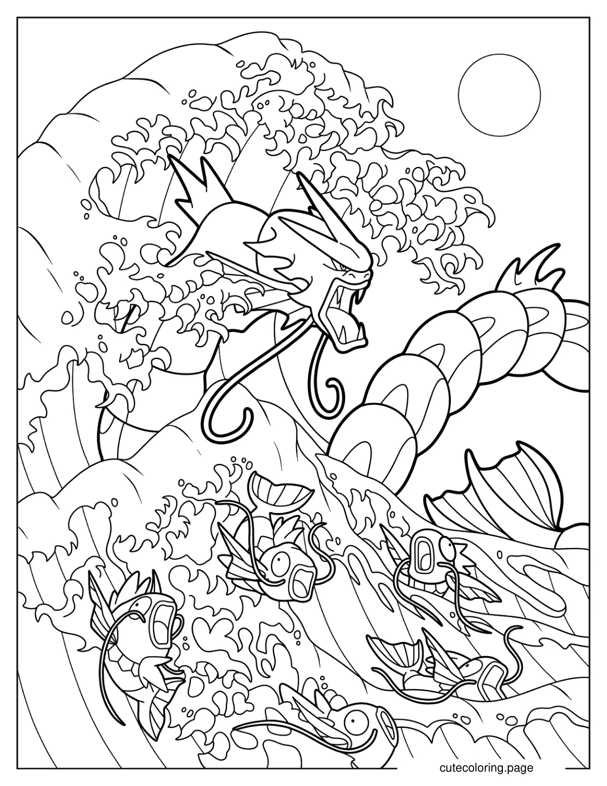 Gyarados and Magikarp In Hokusai Great Japanese Wave coloring page