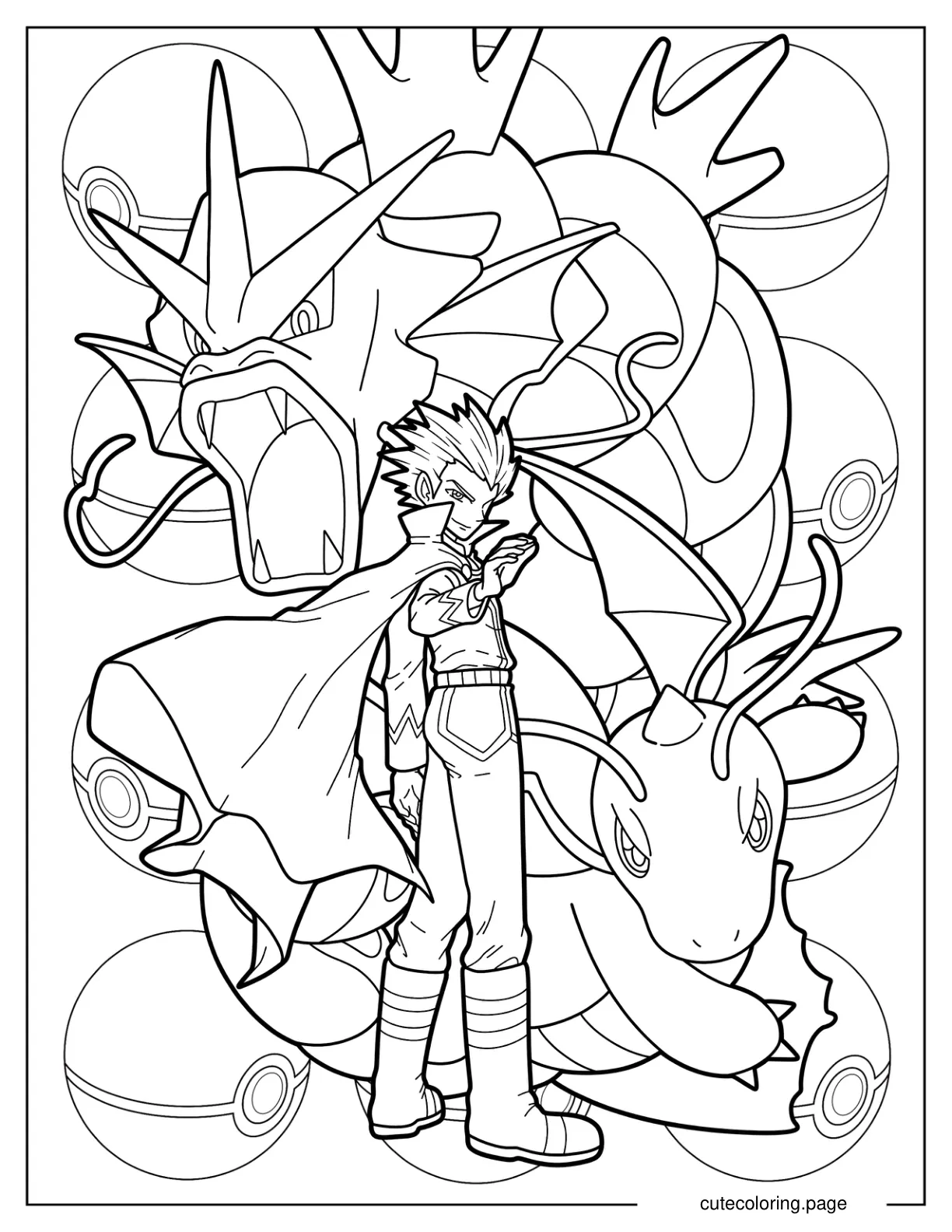 Pokemon Trainer Lance With Dragonite And Gyarados Coloring Page coloring page