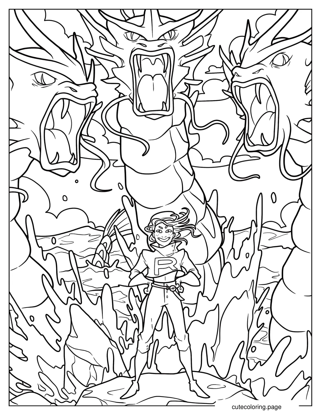 Team Rocket James In The Middle Of Three Gyarados Pokemon Coloring Sheet coloring page