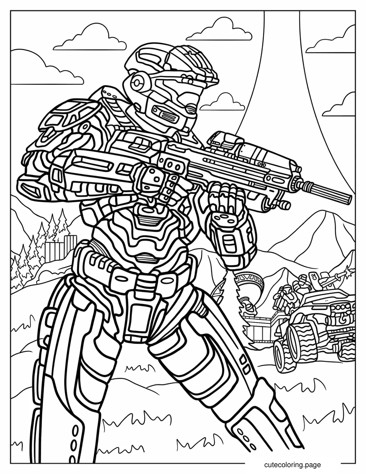 Detailed Halo Spartan Holding Gun Coloring Sheet coloring page