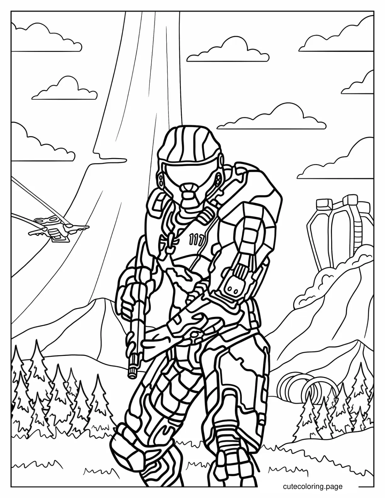 Easy Halo Master Chief With Airship In The Sky coloring page