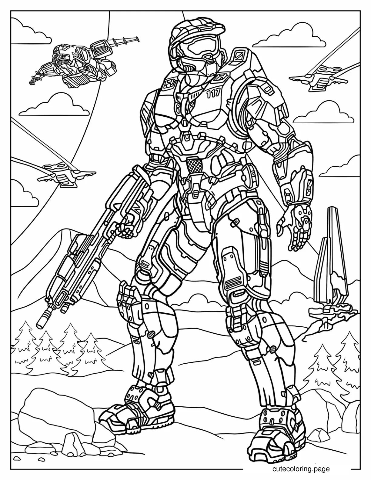 Halo Master Chief In Battlefield With Airships In The Sky coloring page