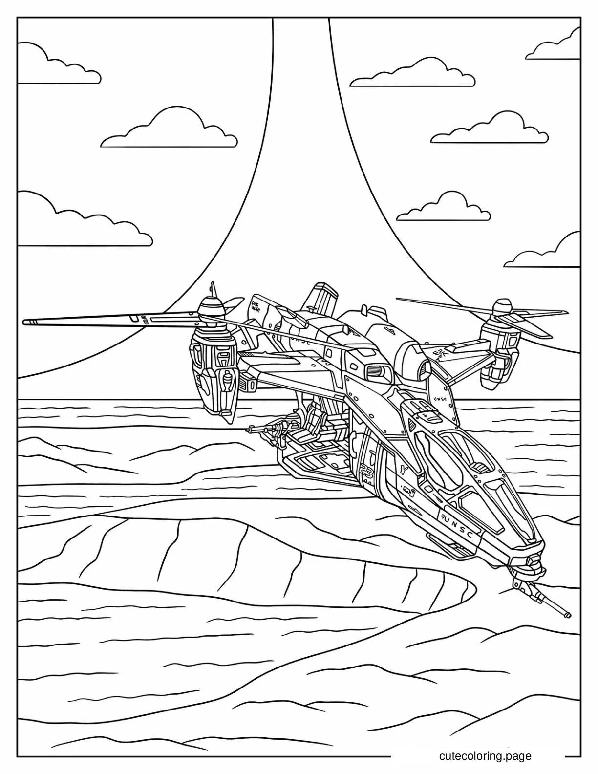 Halo UH 144 Falcon Flying Over Sea Coloring Sheet coloring page