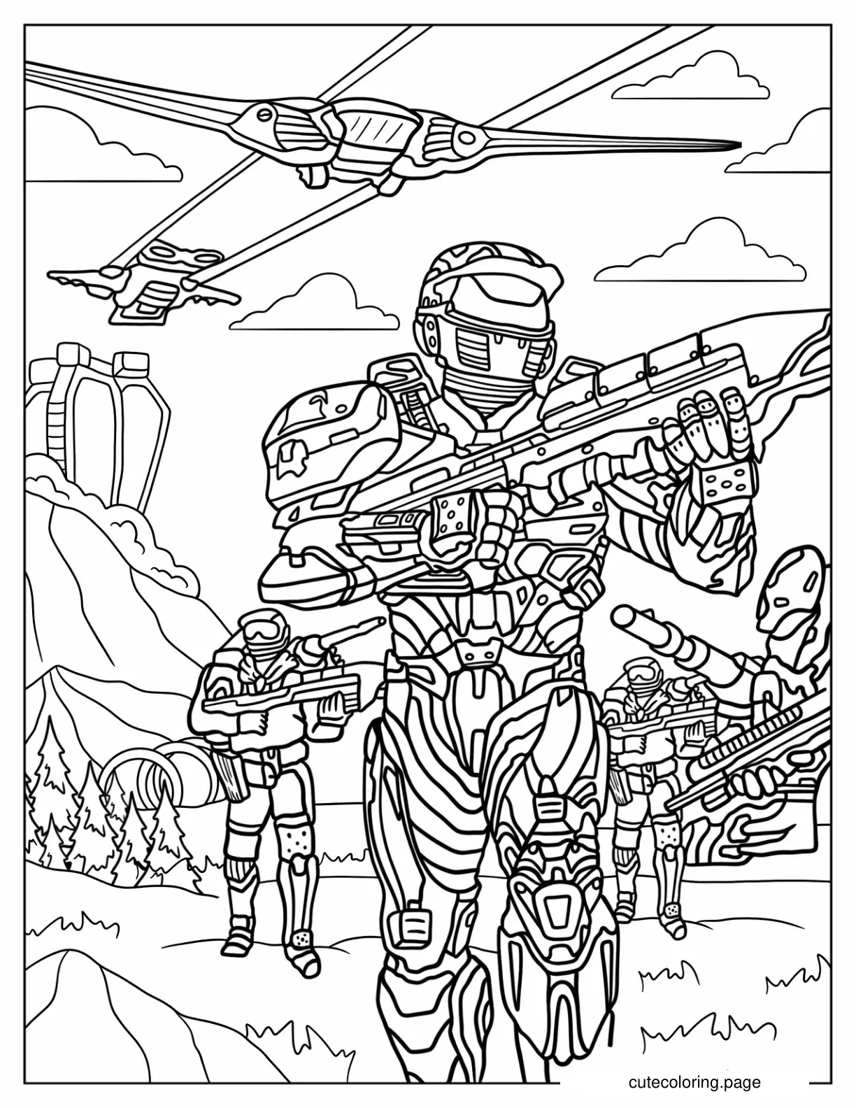 Halo Wars Master Chief Leading Group Of Men Coloring Sheet coloring page