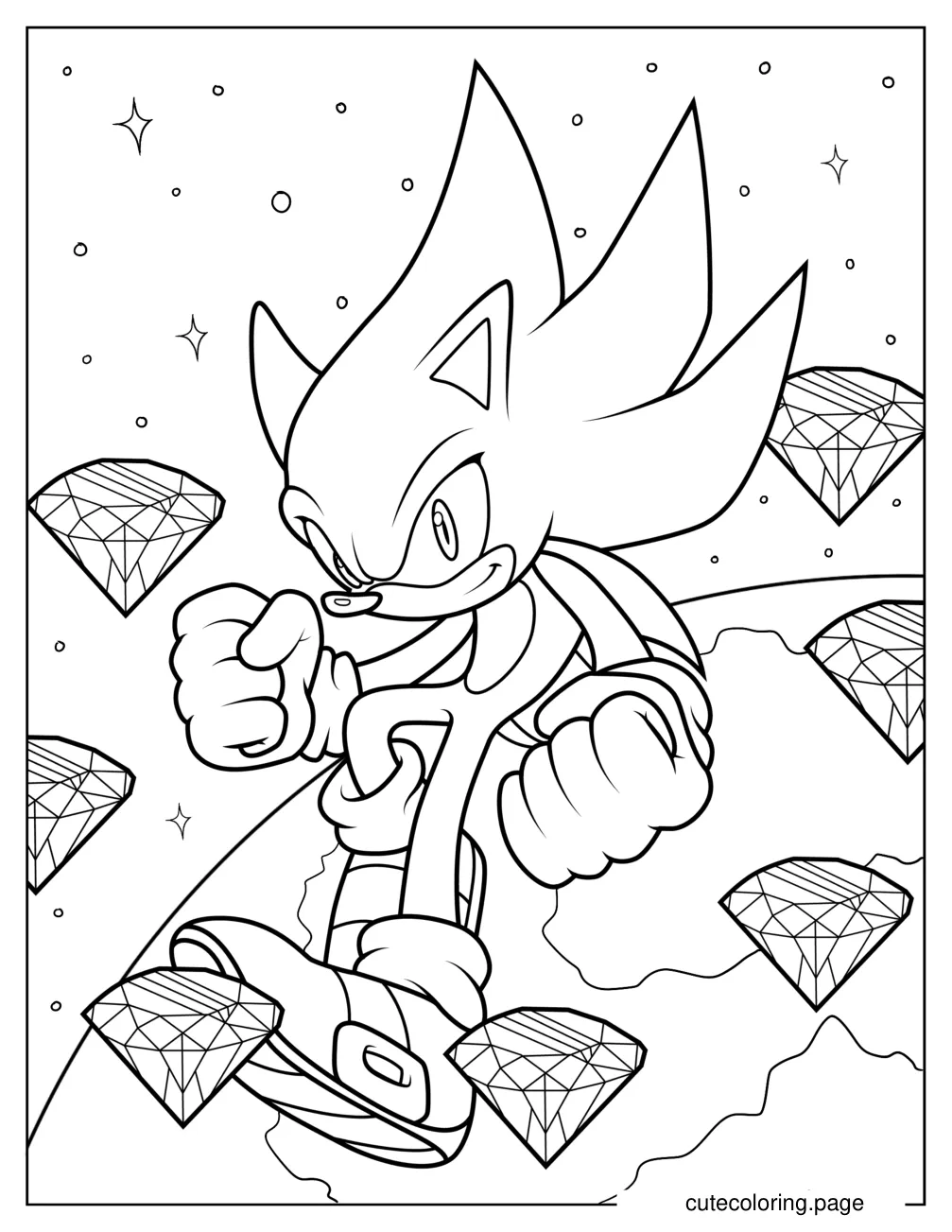 Hyper Sonic In Outer Space With Chaos Emeralds coloring page