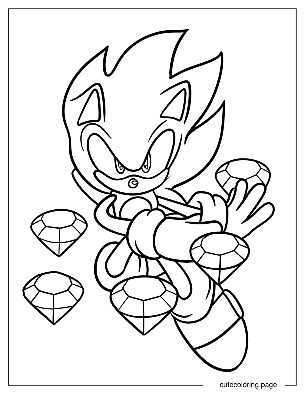 Hyper Sonic Surrounded By Chaos Emeralds Coloring Sheet For Kids coloring page