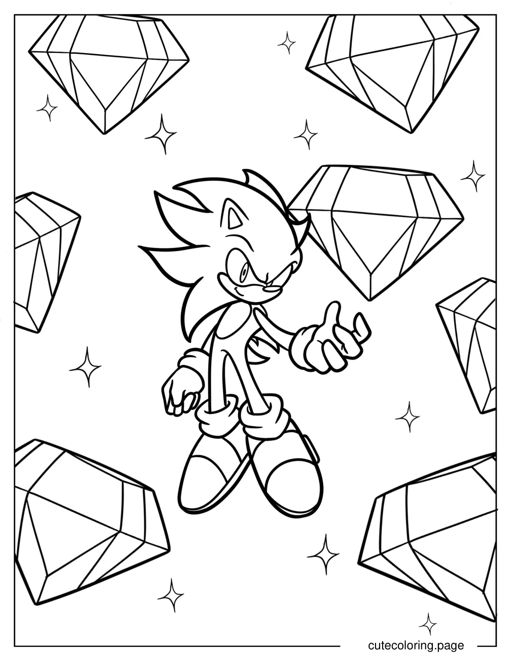 Hyper Sonic With Large Chaos Emeralds In The Background coloring page