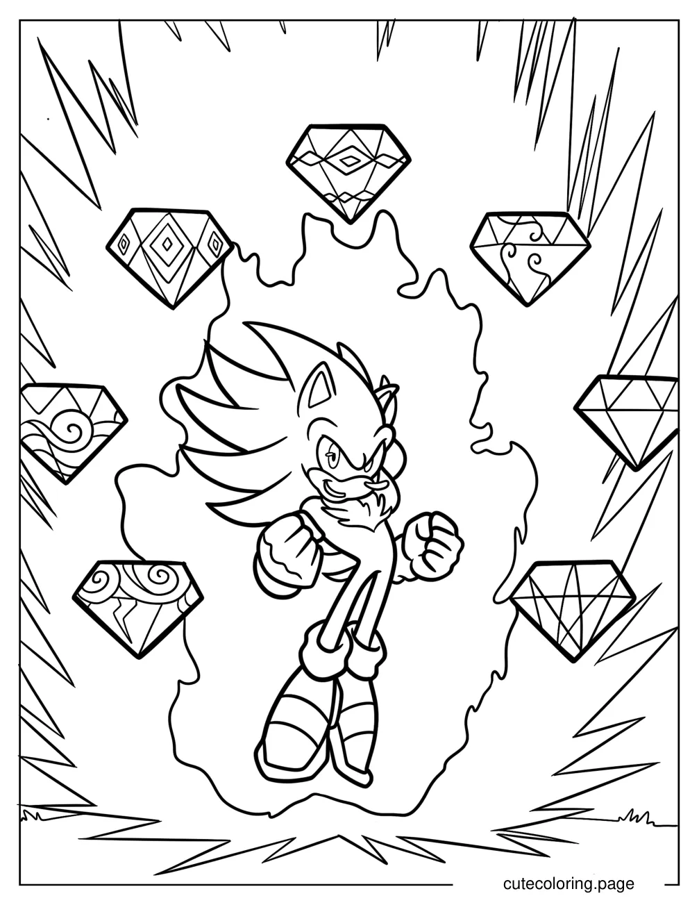 Powerful Hyper Sonic With Seven Chaos Emeralds coloring page