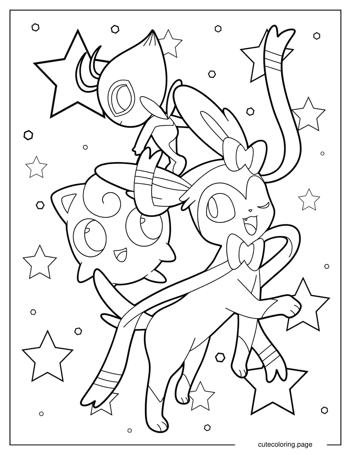 Sylveon With Celebi And Jigglypuff Coloring Page coloring page