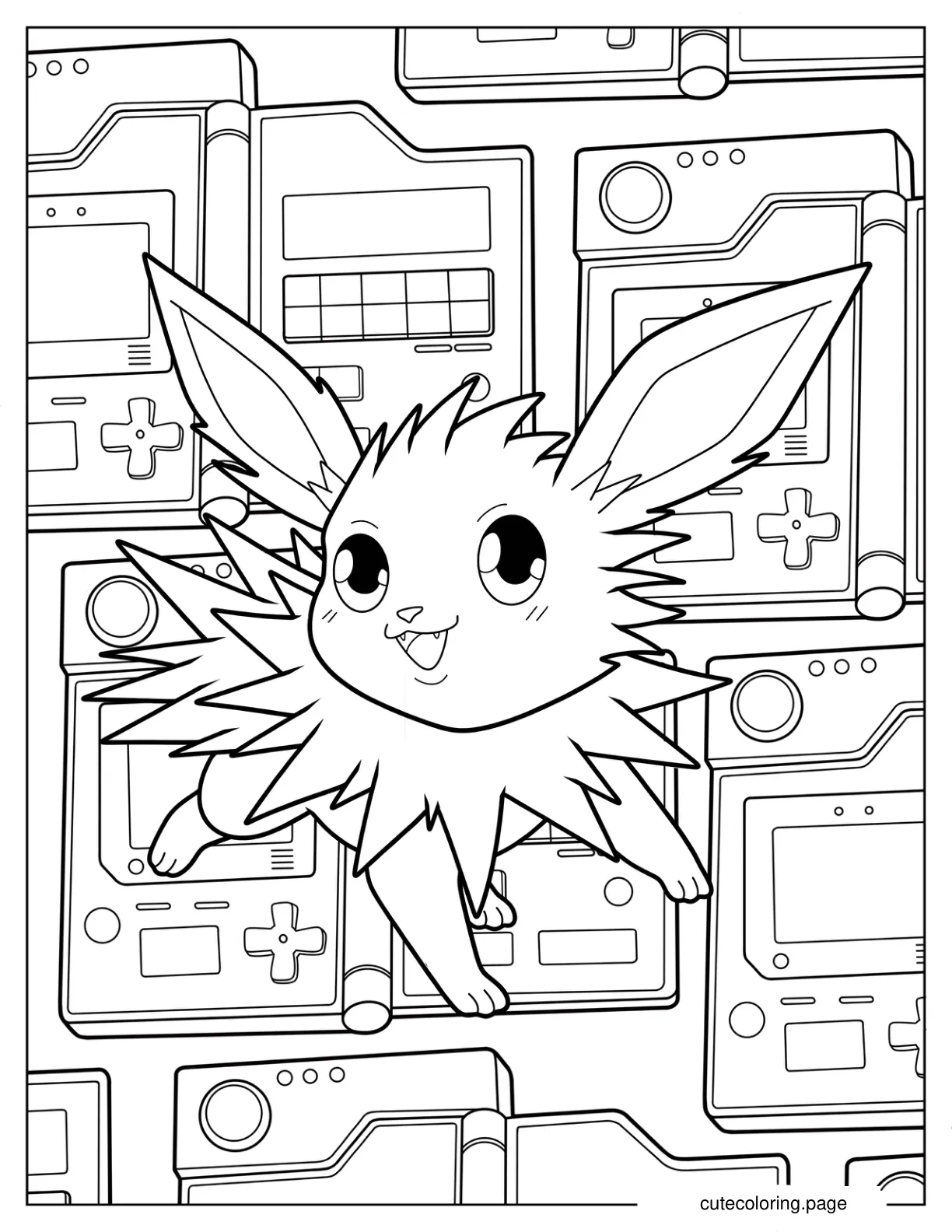 Baby Jolteon With Gaming Console In Background coloring page