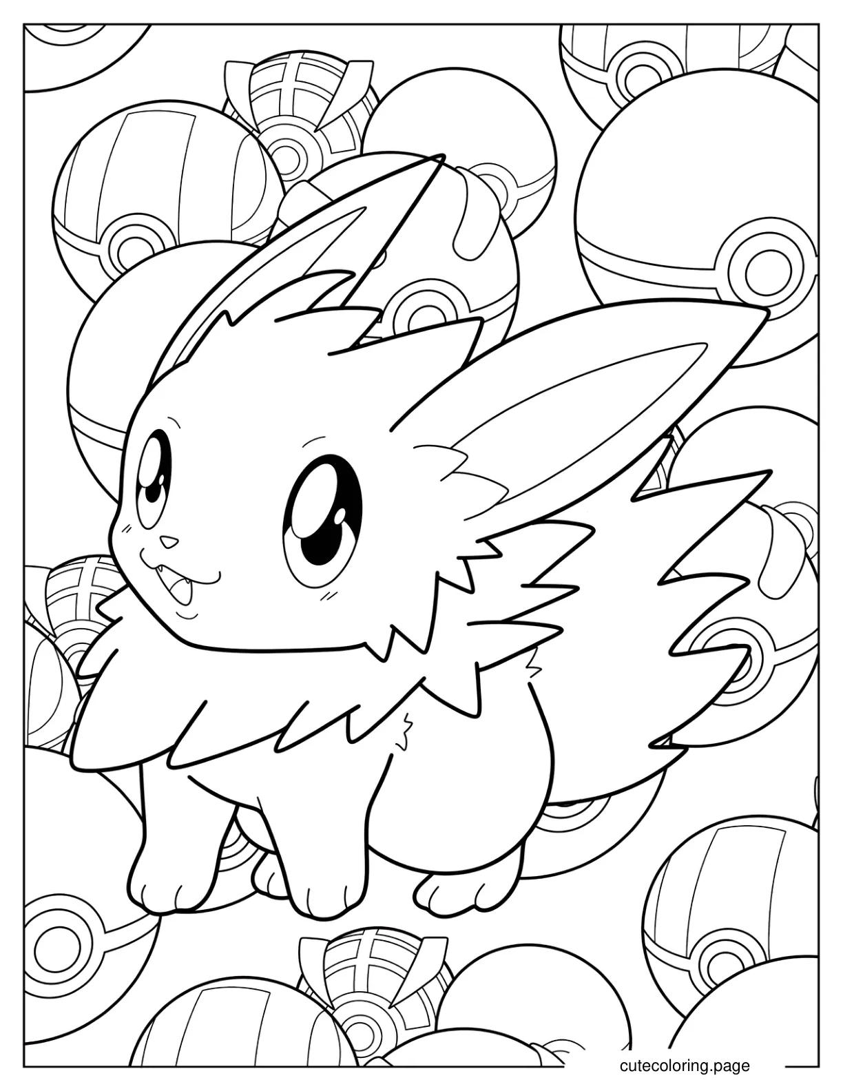 Cute Jolteon With Pokeballs In Background Coloring Page For Kids coloring page