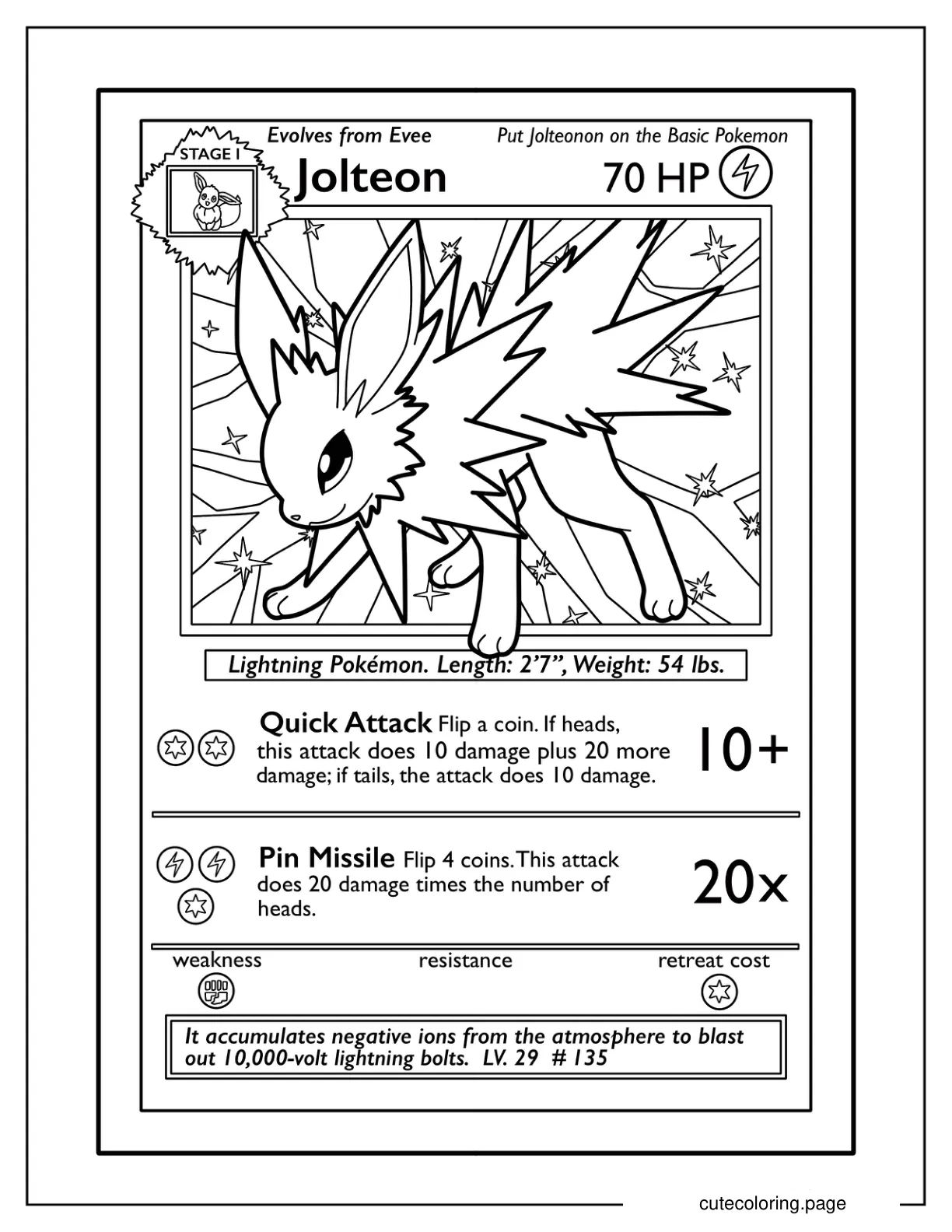 Jolteon Pin Missile Pokemon Card coloring page