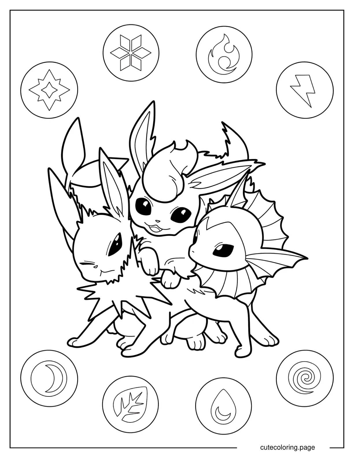 Kawaii Jolteon With Flareon And Vaporeon Coloring Page coloring page