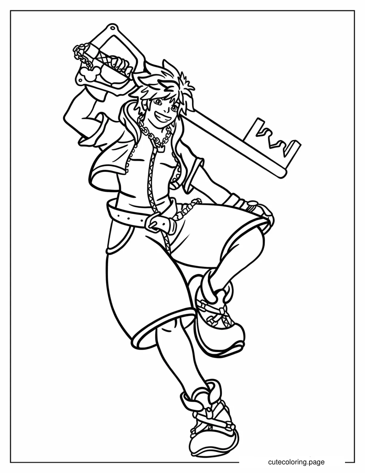 Happy Sora Holding Up His Keyblade Coloring Page coloring page