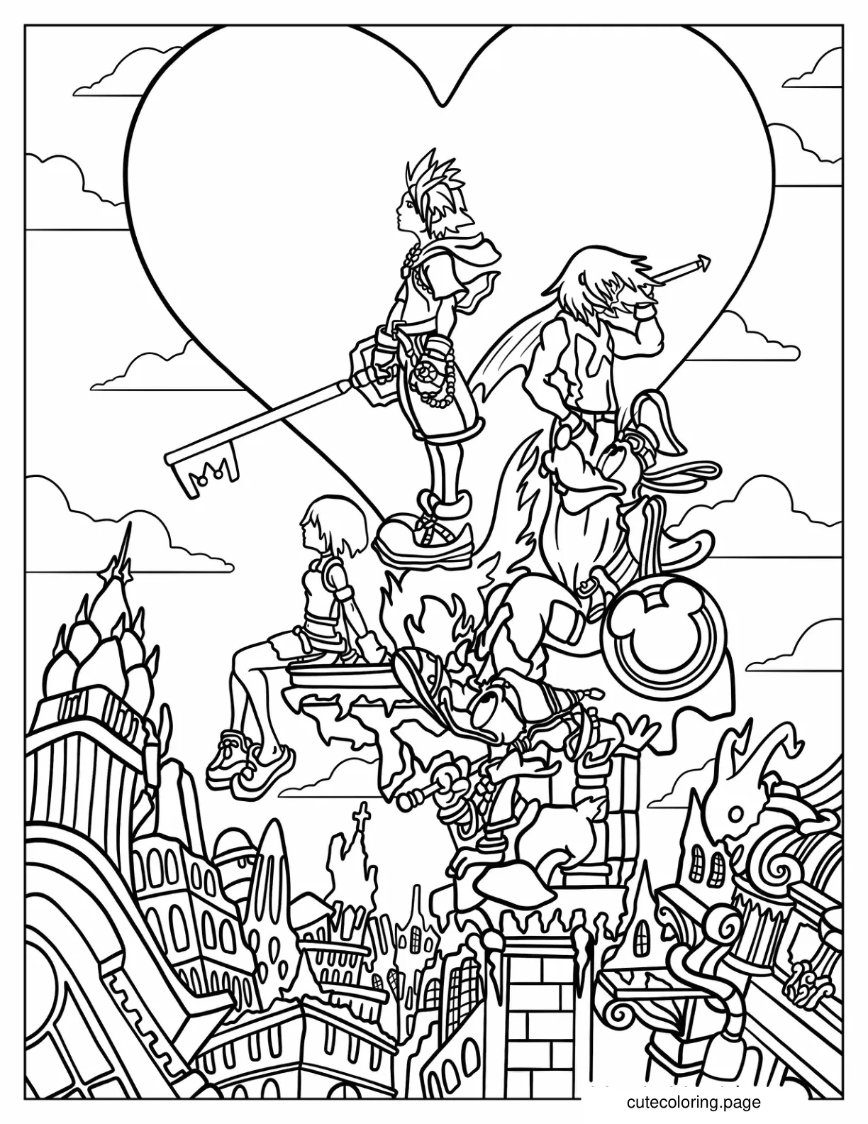 Kingdom Hearts Sora And Friends On Top Of A Large Town Coloring Page coloring page