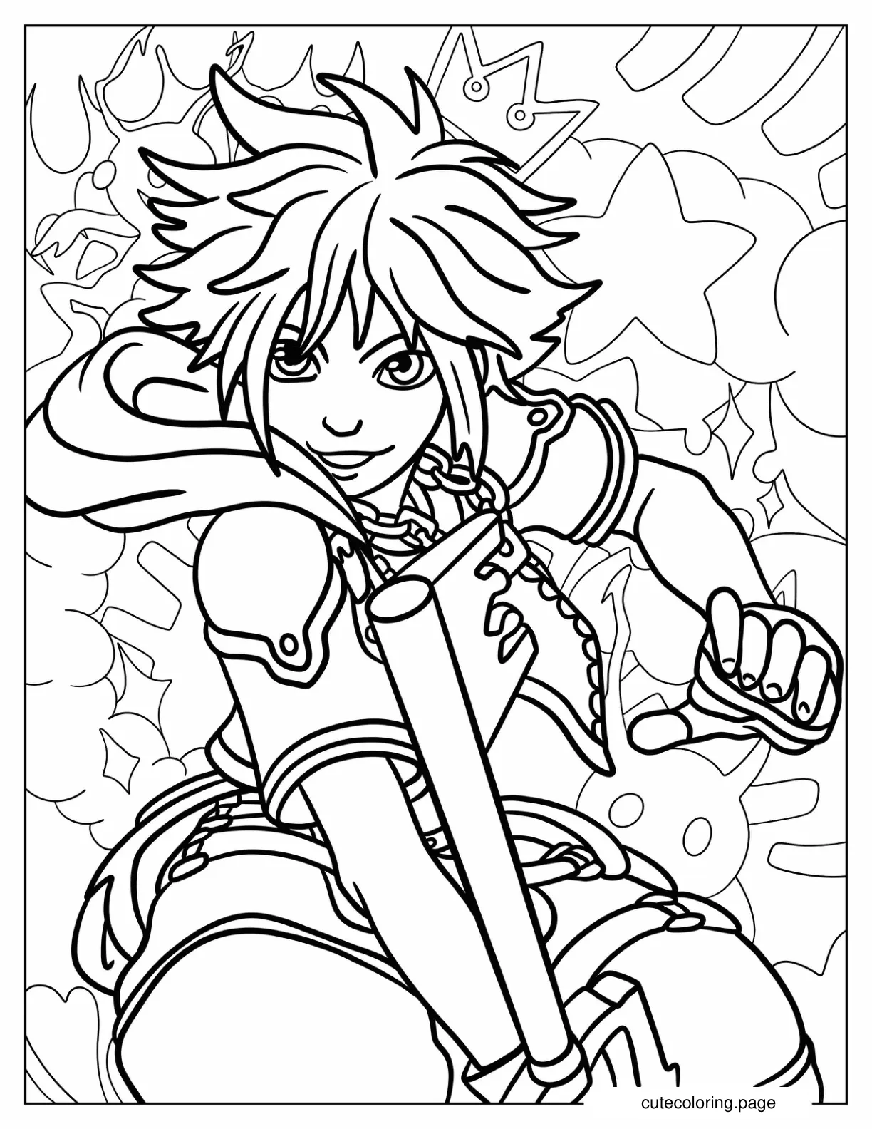 Sora Fighting With His Keyblade Coloring Page For Kids coloring page