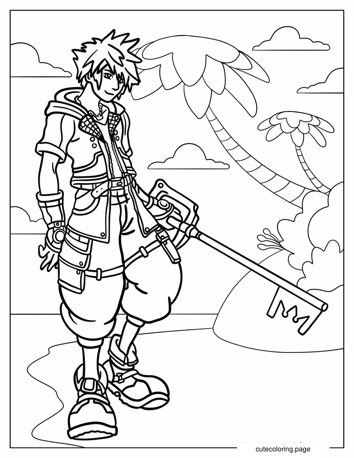 Sora Holding His Keyblade On A Beach Coloring Page coloring page