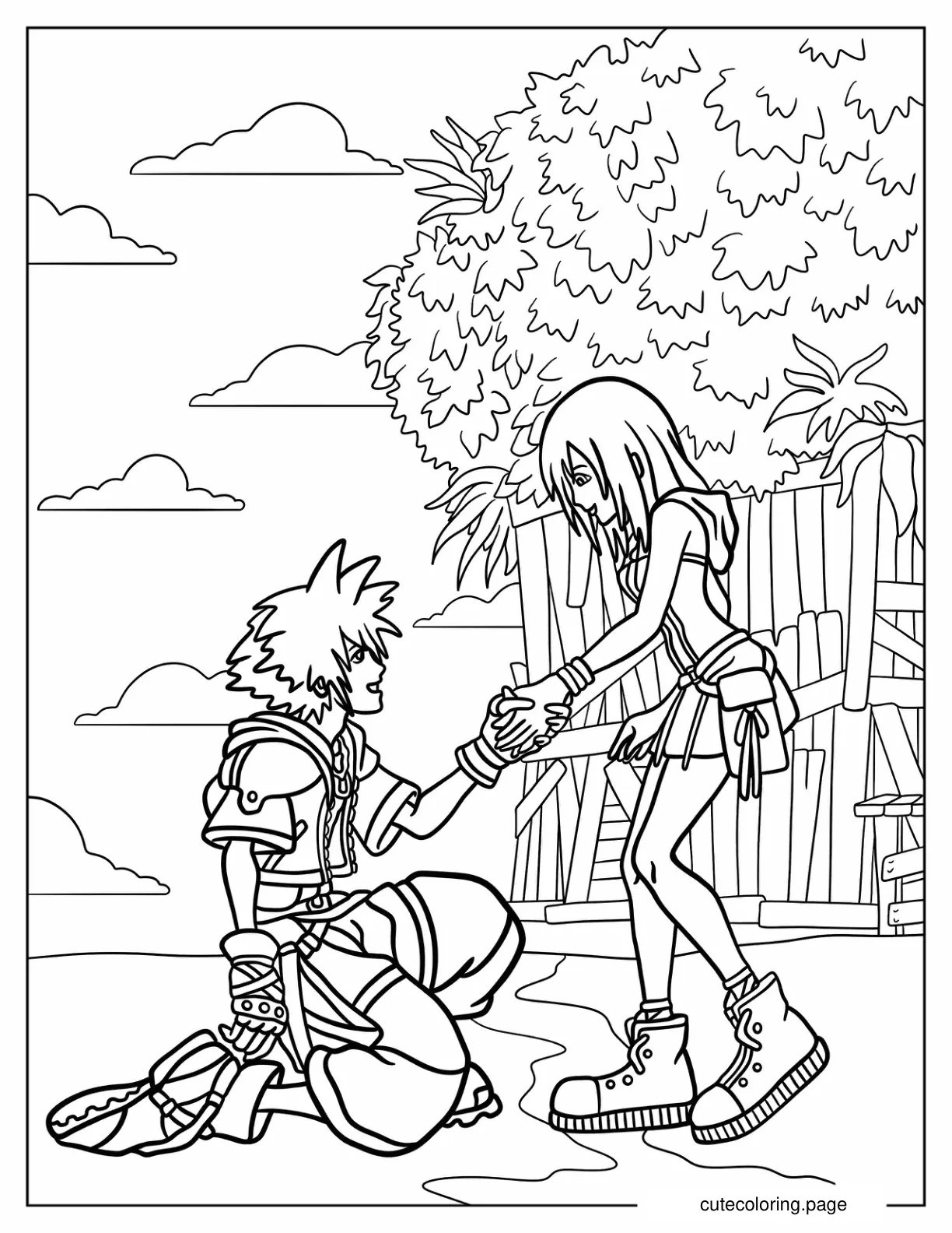 Sora Kneeling In Front Of Kairi Coloring Sheet coloring page