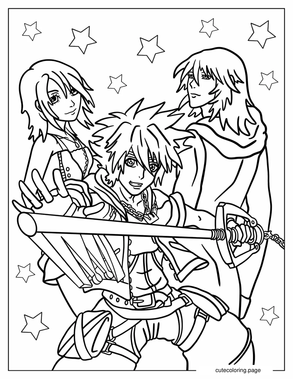 Sora Riku And Kairi With Starry Background Coloring Page coloring page