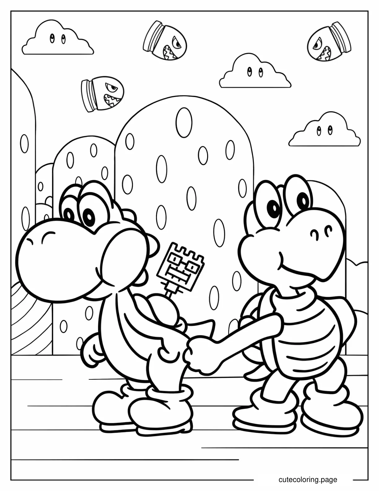 Yoshi With Koopa Troopa In Mushroom Kingdom coloring page