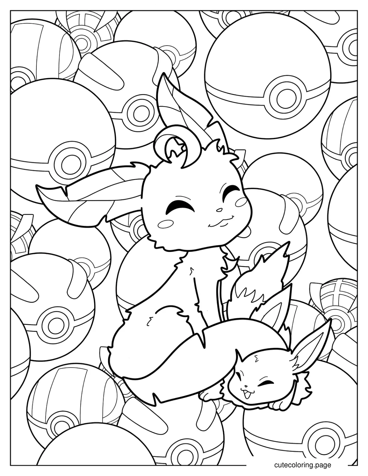 Leafeon Playing With Baby Eevee With Pockeballs In The Background coloring page