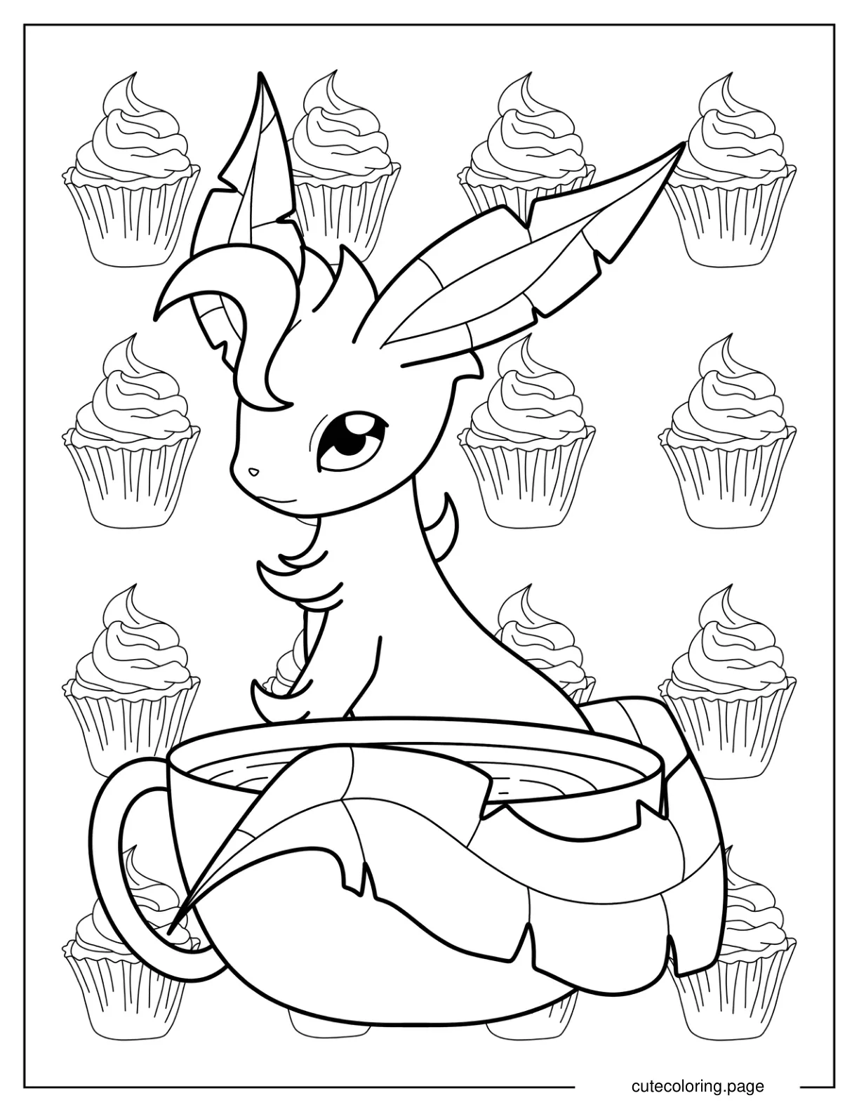 Leafeon Sitting Next To Cup Of Coffee With Cupcake Background coloring page