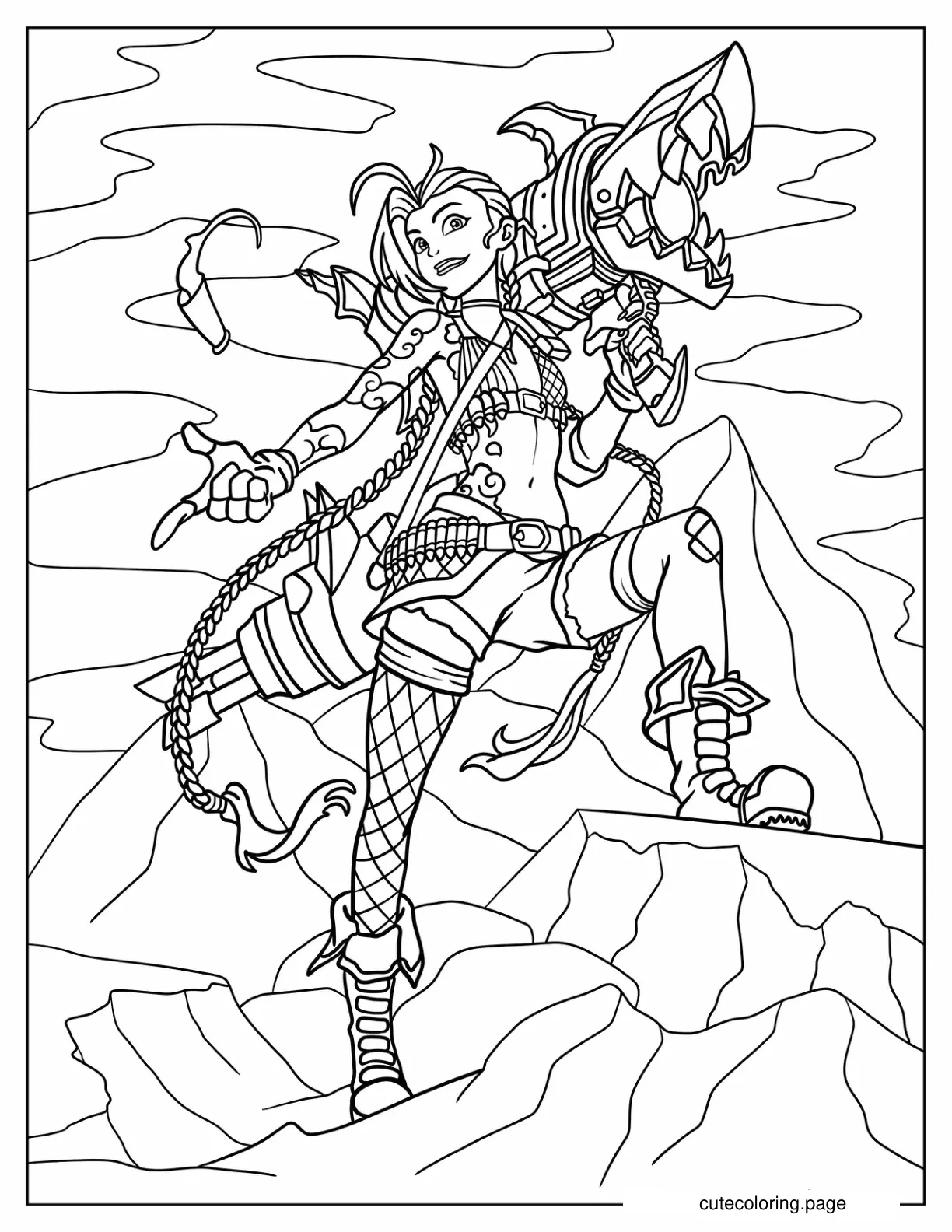 Jinx In The Battlefield With Pow Pow Machine Gun Coloring Sheet coloring page