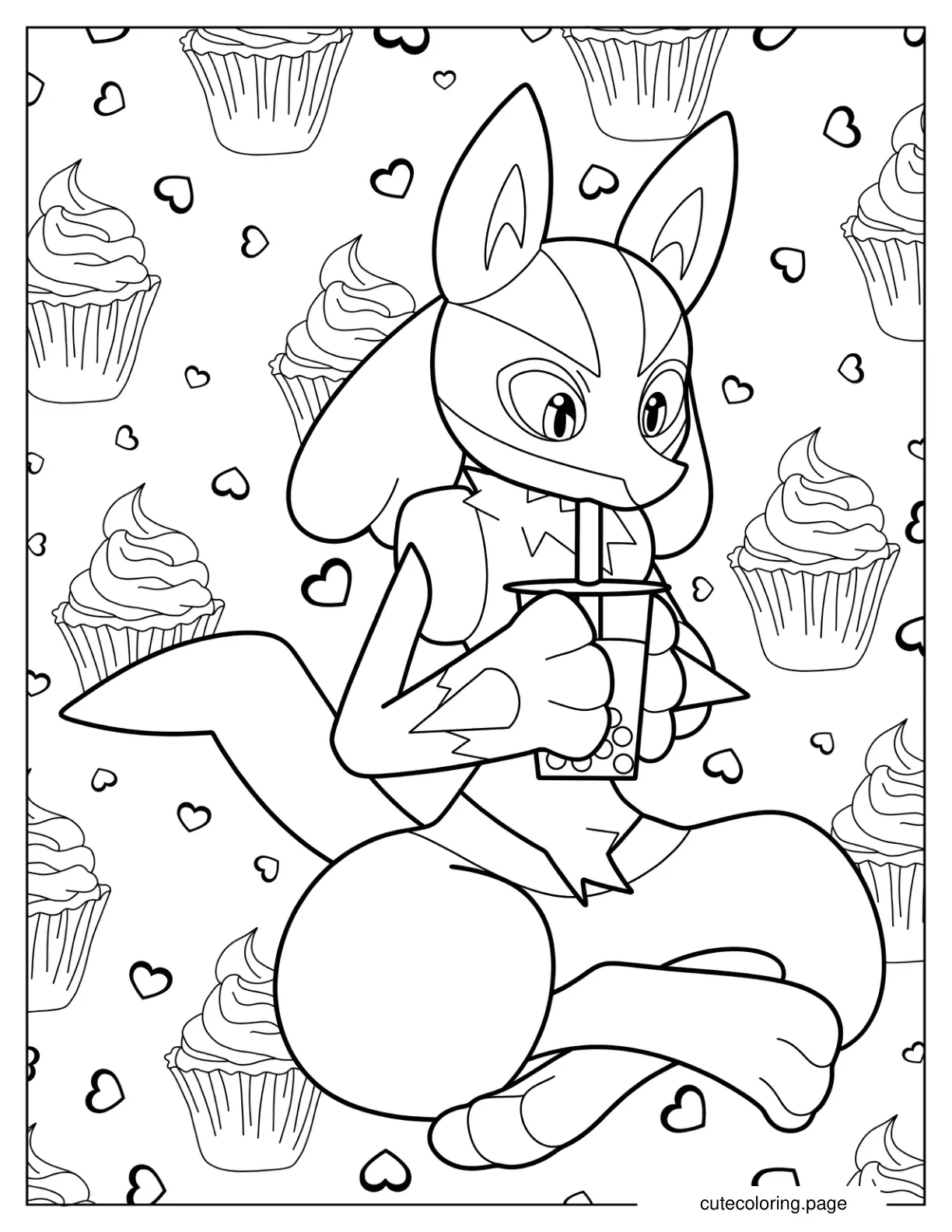 Cute Lucario Drinking Boba Tea Coloring Page For Kids coloring page