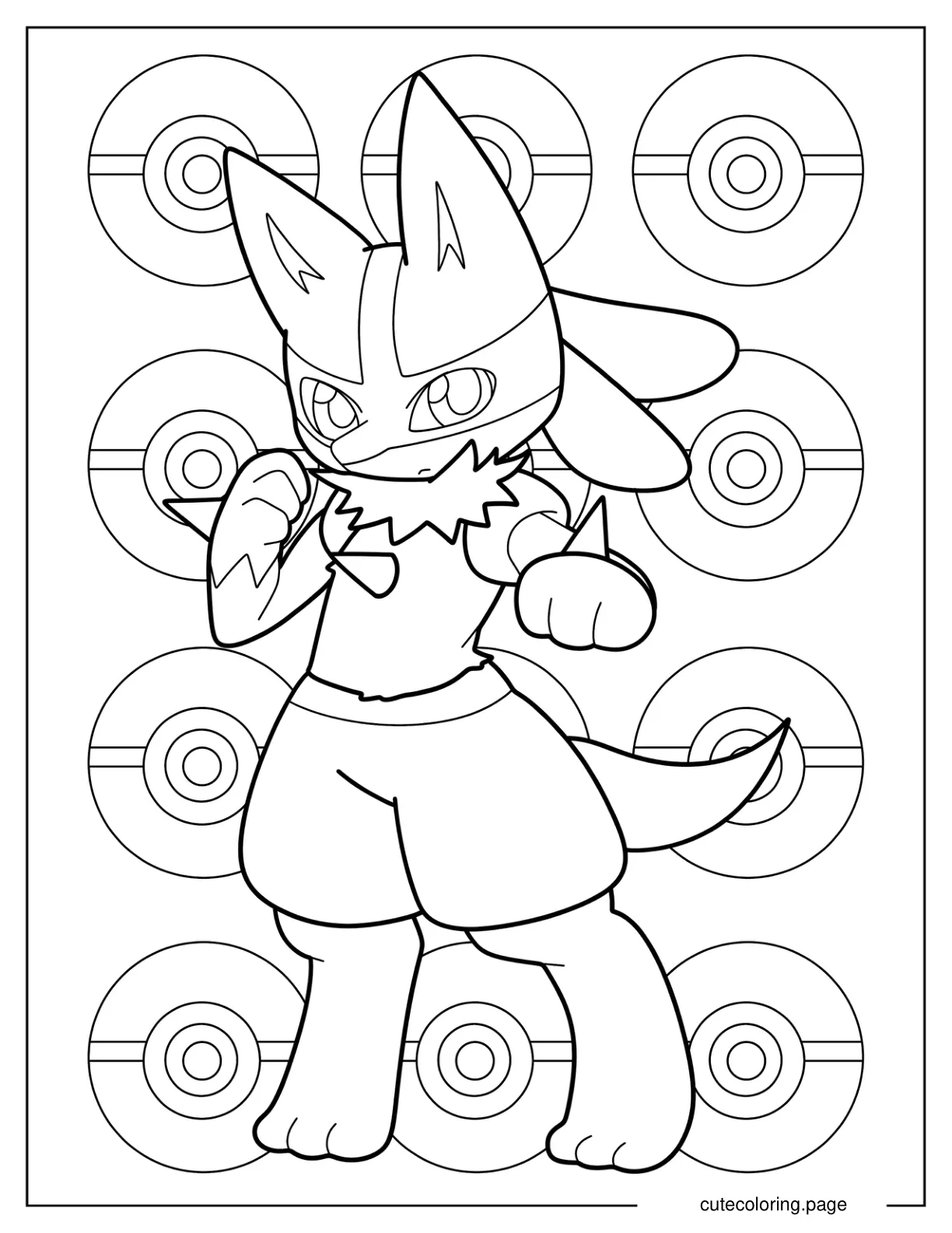 Frowning Baby Lucario With Pokeballs In Background Coloring Sheet coloring page