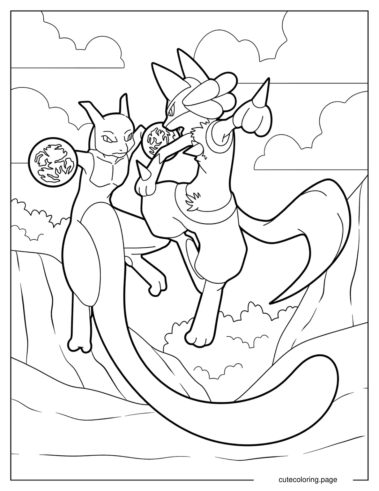 Lucario Fighting Mewtwo Coloring Sheet coloring page