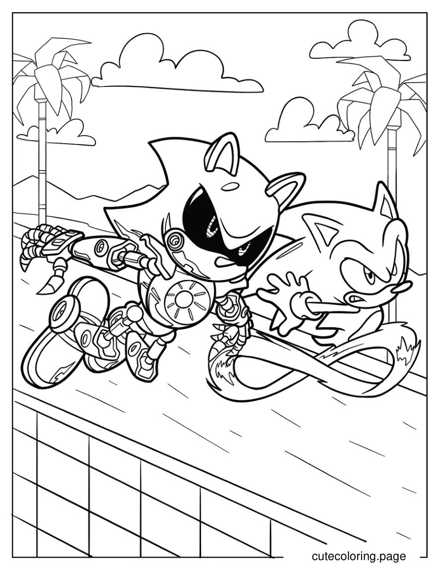 Metal Sonic And Sonic Speeding Down Road Coloring Sheet coloring page