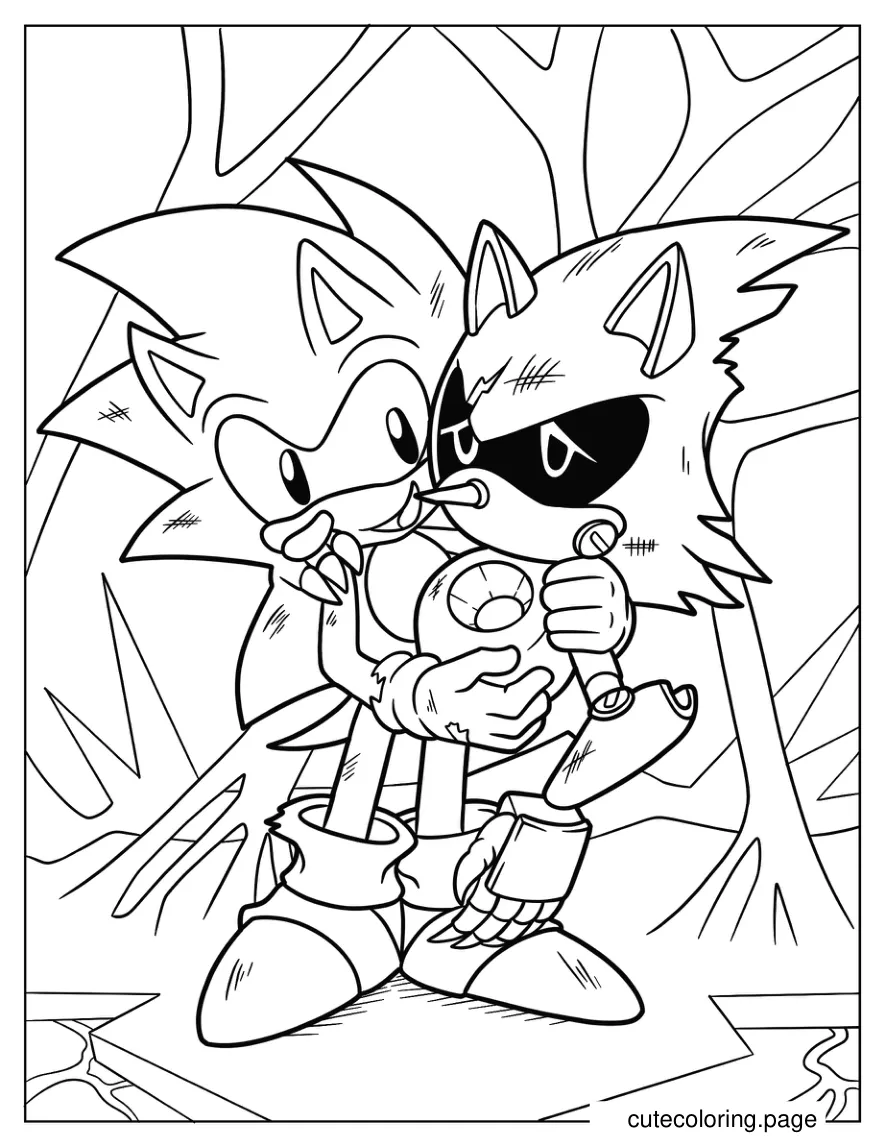 Sonic Holding Broken Metal Sonic In Battle Coloring Sheet coloring page