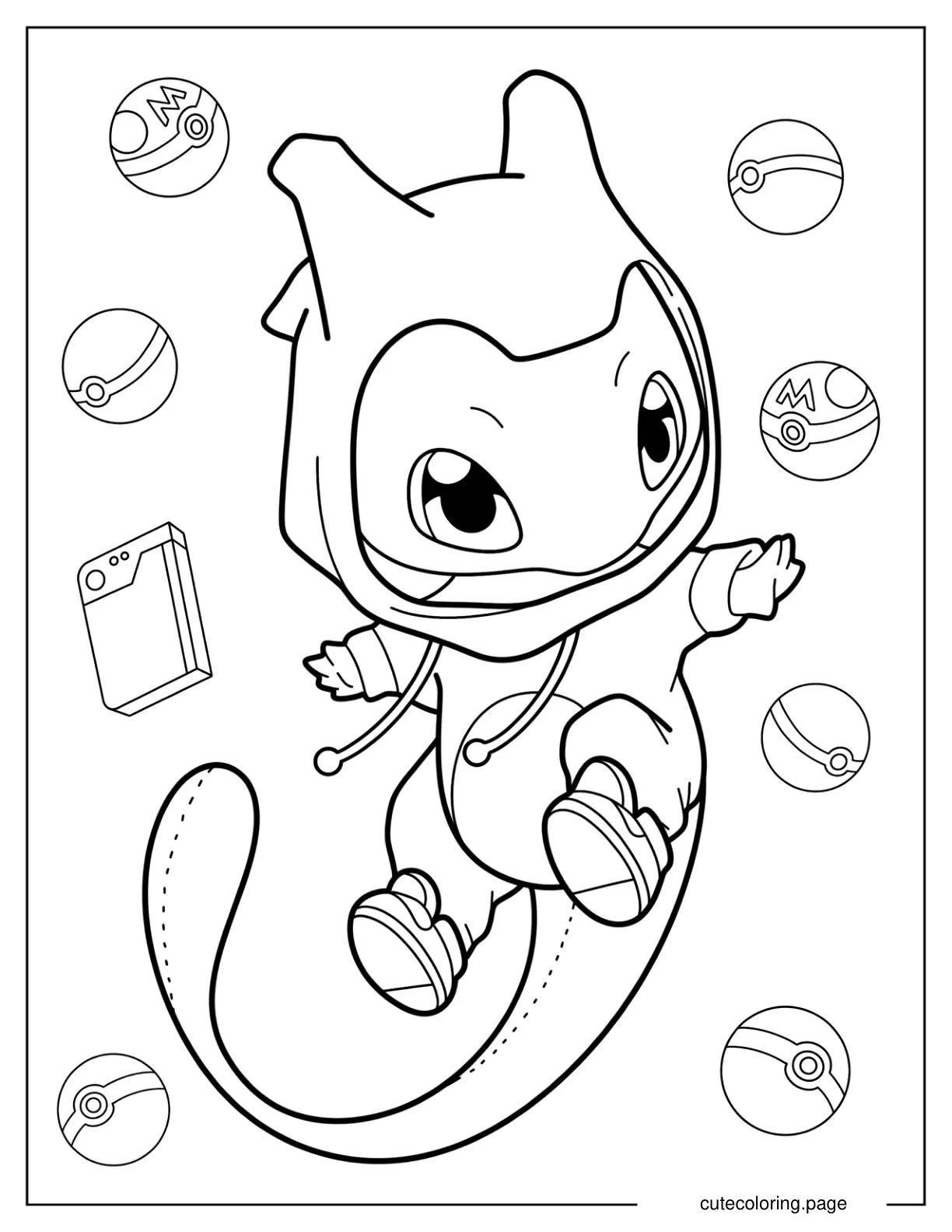 Cute Mew In Onesie With Hoodie Coloring Page For Kids coloring page