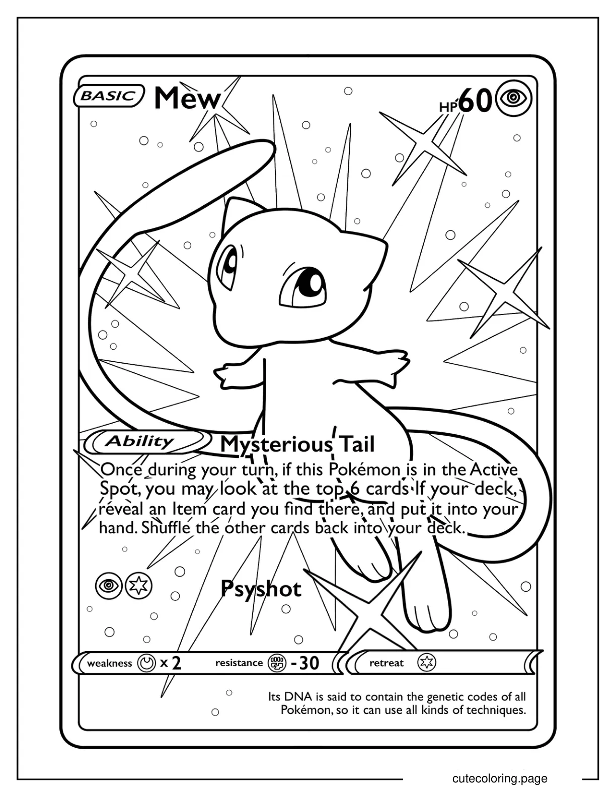 Detailed Mysterious Tail Mew Pokemon Card coloring page