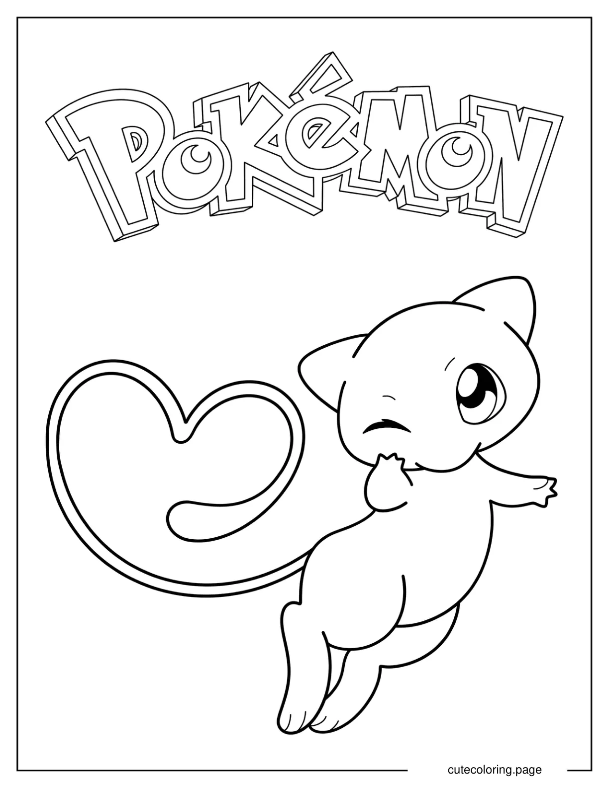 Kawaii Mew With Heart Shaped Tail Coloring Page For Preschoolers coloring page