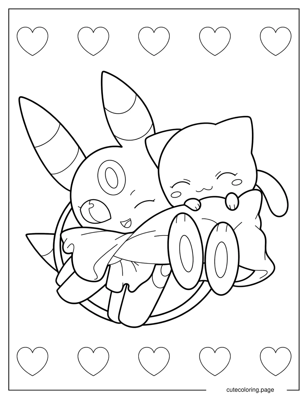 Kawaii Umbreon Hugging Mew Coloring Page For Kids coloring page