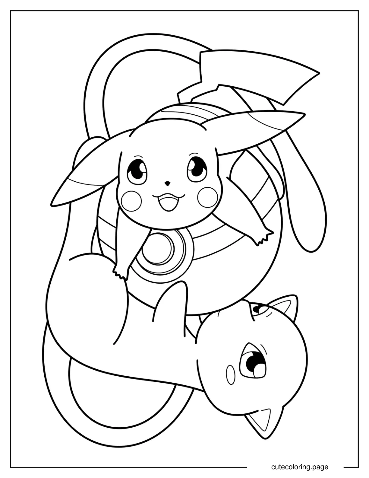 Mew And Pikachu Embracing Pokeball Coloring Page coloring page