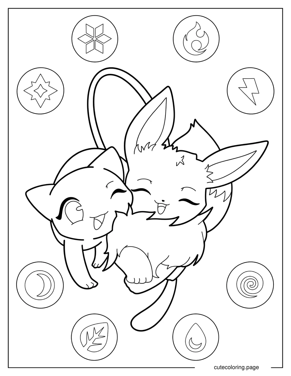 Mew Cuddling With Eevee Coloring Sheet coloring page