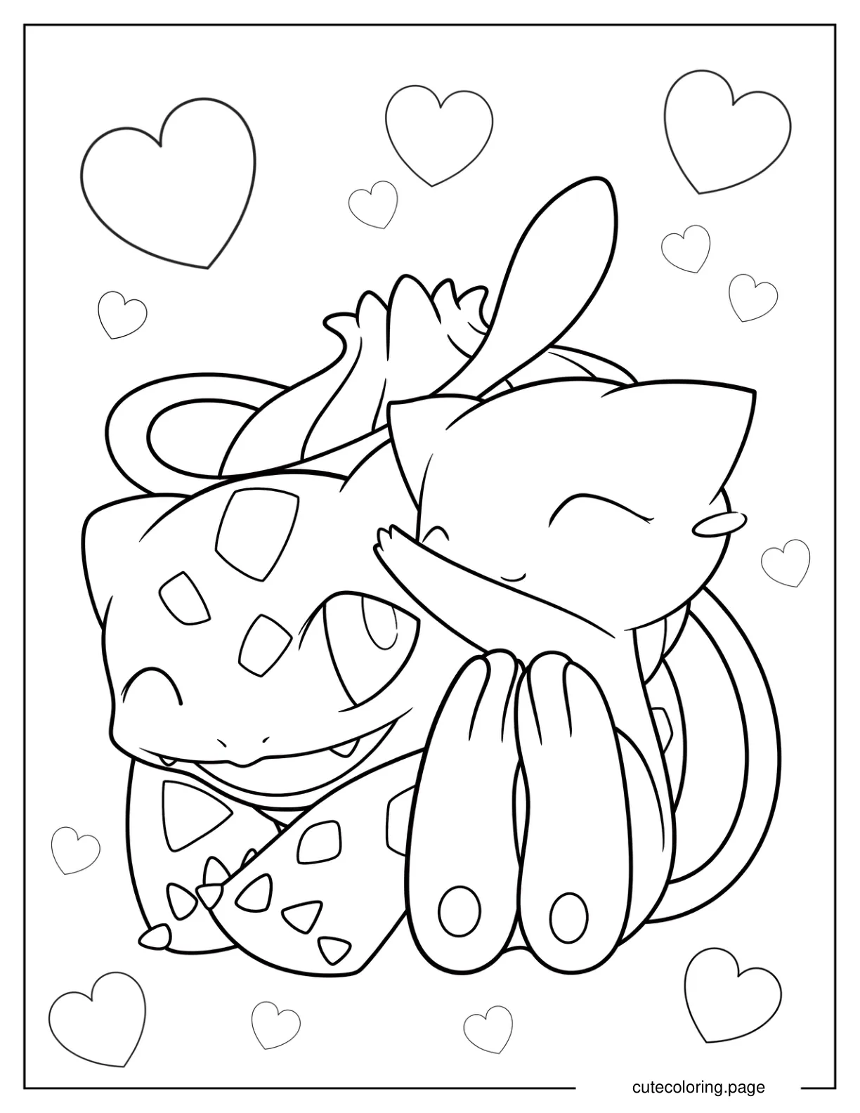 Mew Hugging Bulbasaur Coloring Sheet coloring page