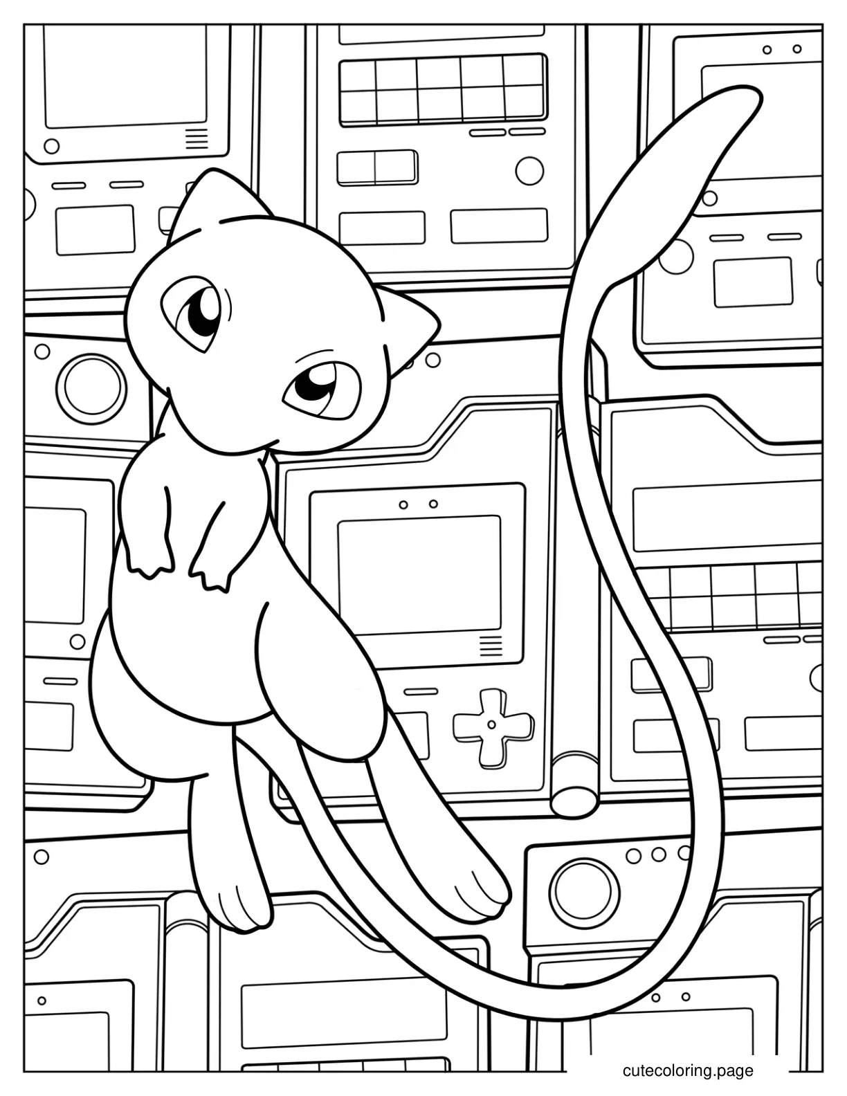 Mew Standing In Front Of Game Boy Console coloring page