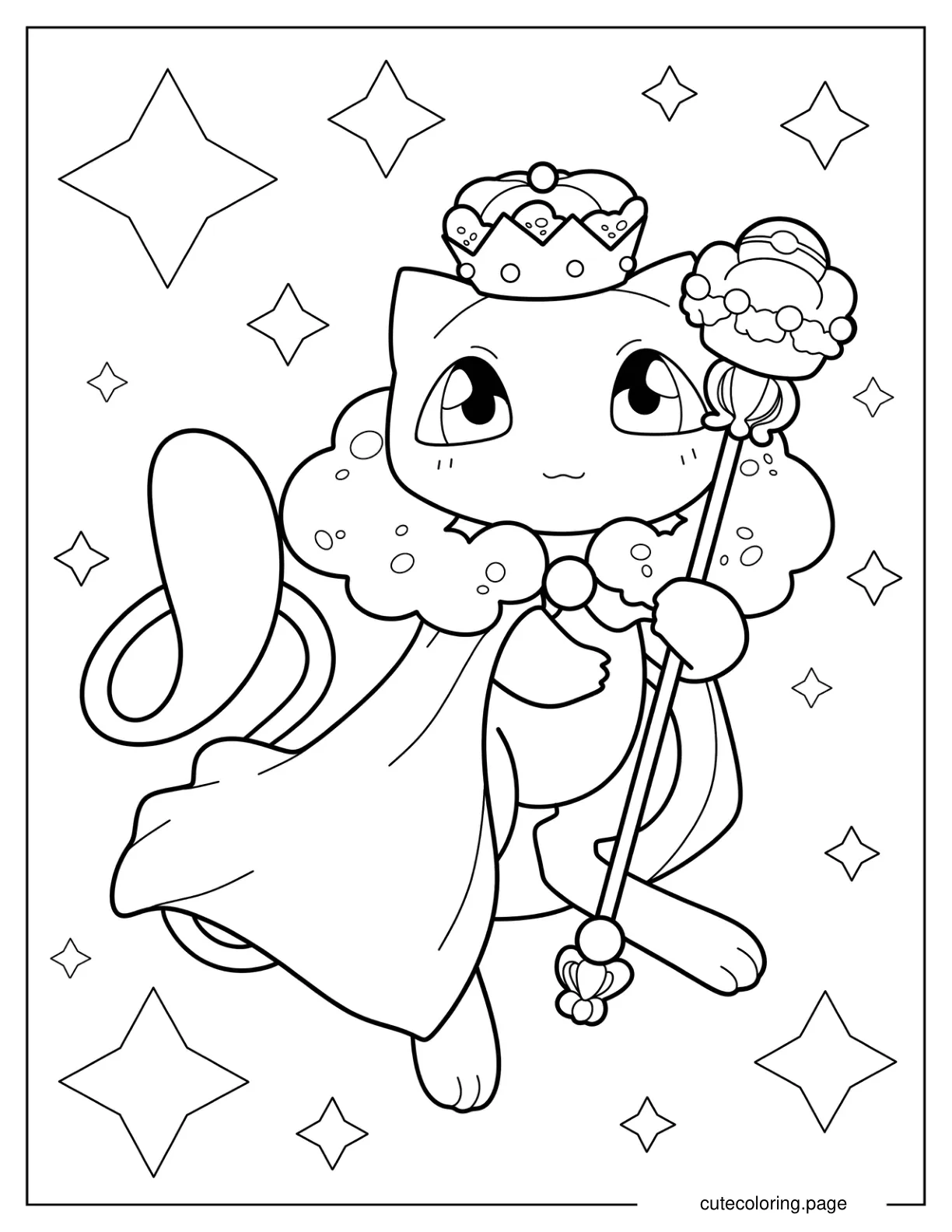 Mew With Crown Robe And Scepter Coloring Sheet For Kids coloring page