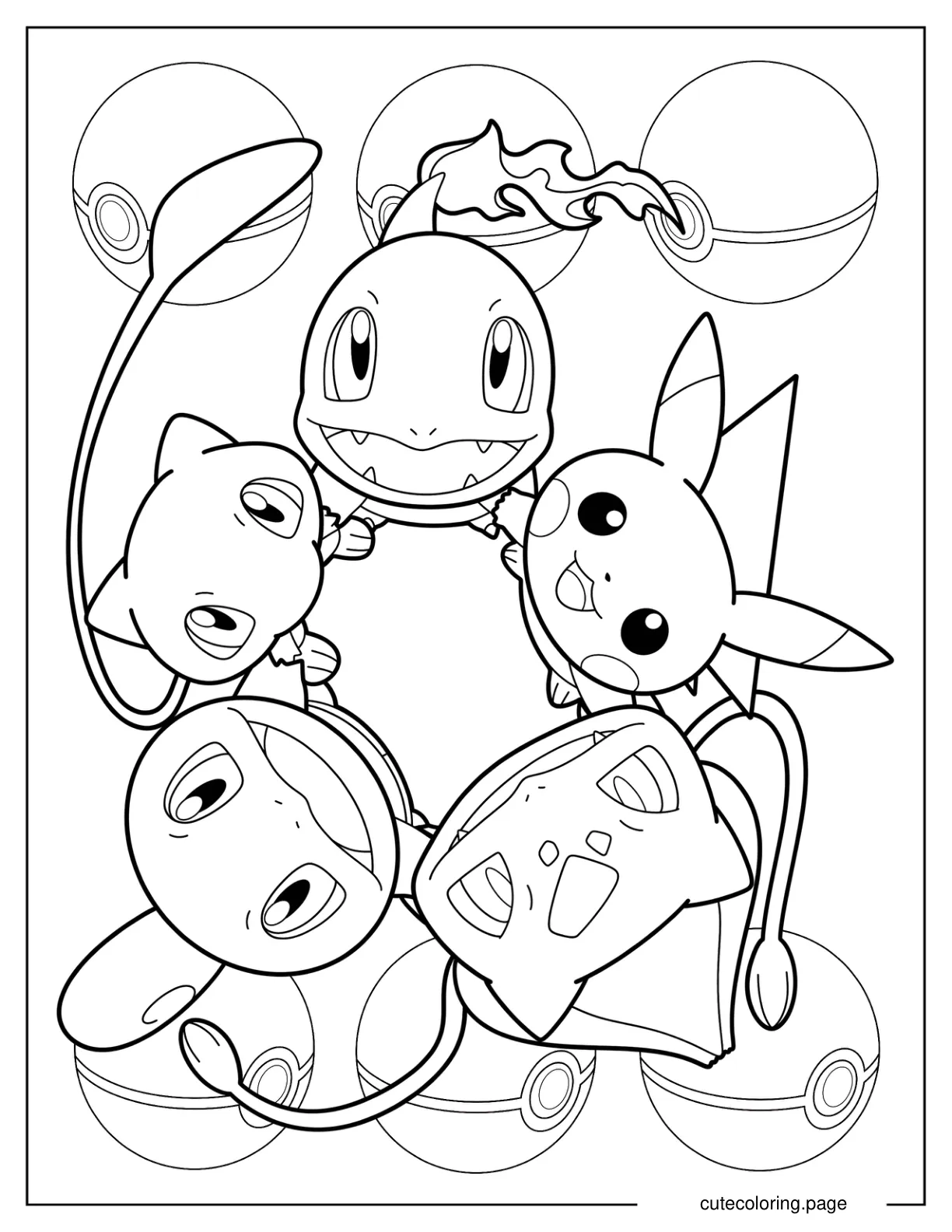 Pikachu Charmander Bulbasaur Squirtle And Mew In A Circle coloring page