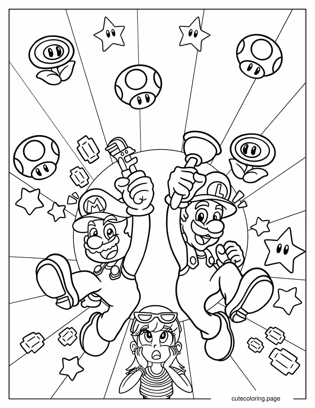 Kawaii Mario And Luigi Coloring Page For Kids coloring page